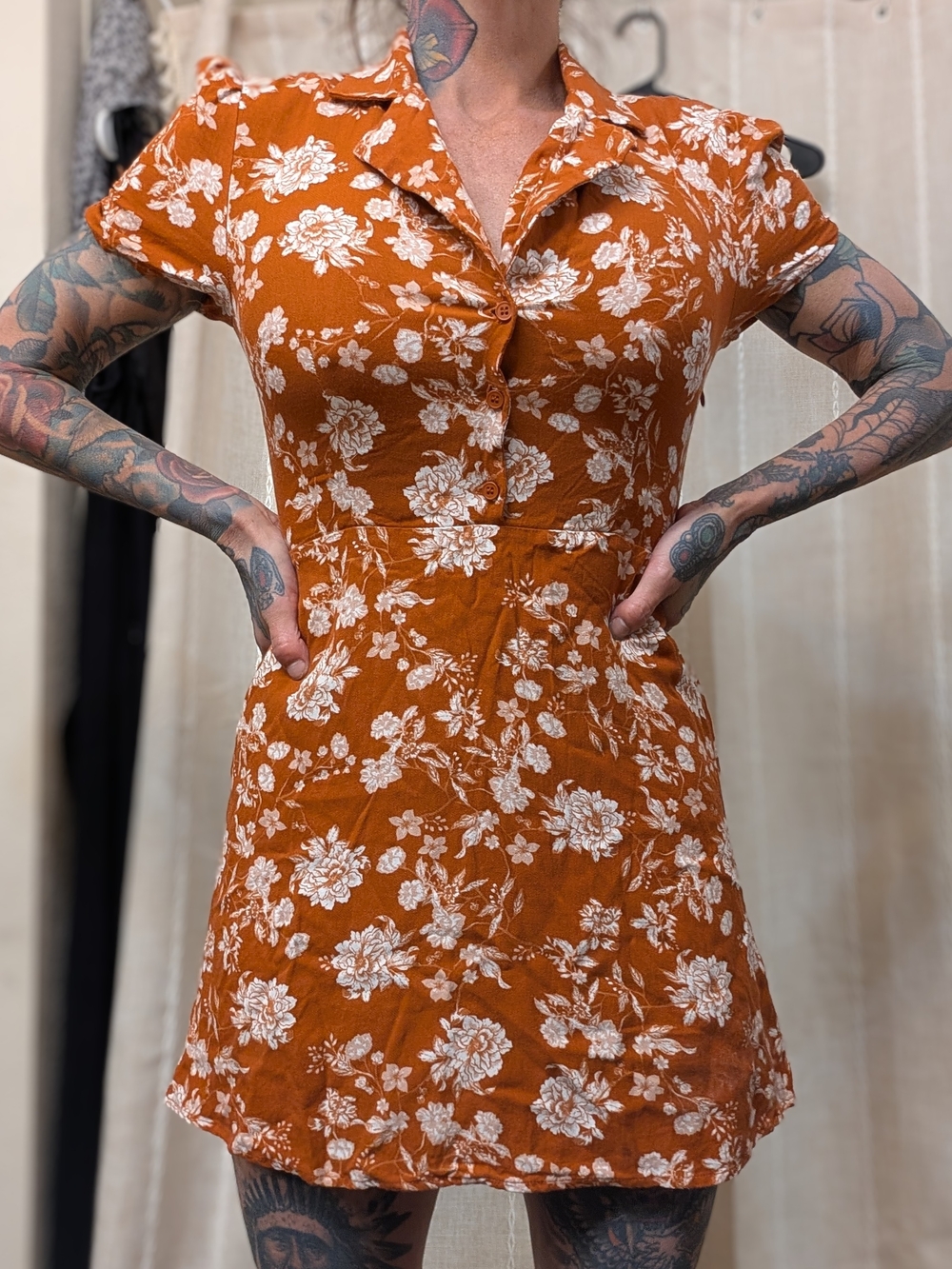 Rust Floral Short Sleeve Shirt Dress - Unbranded